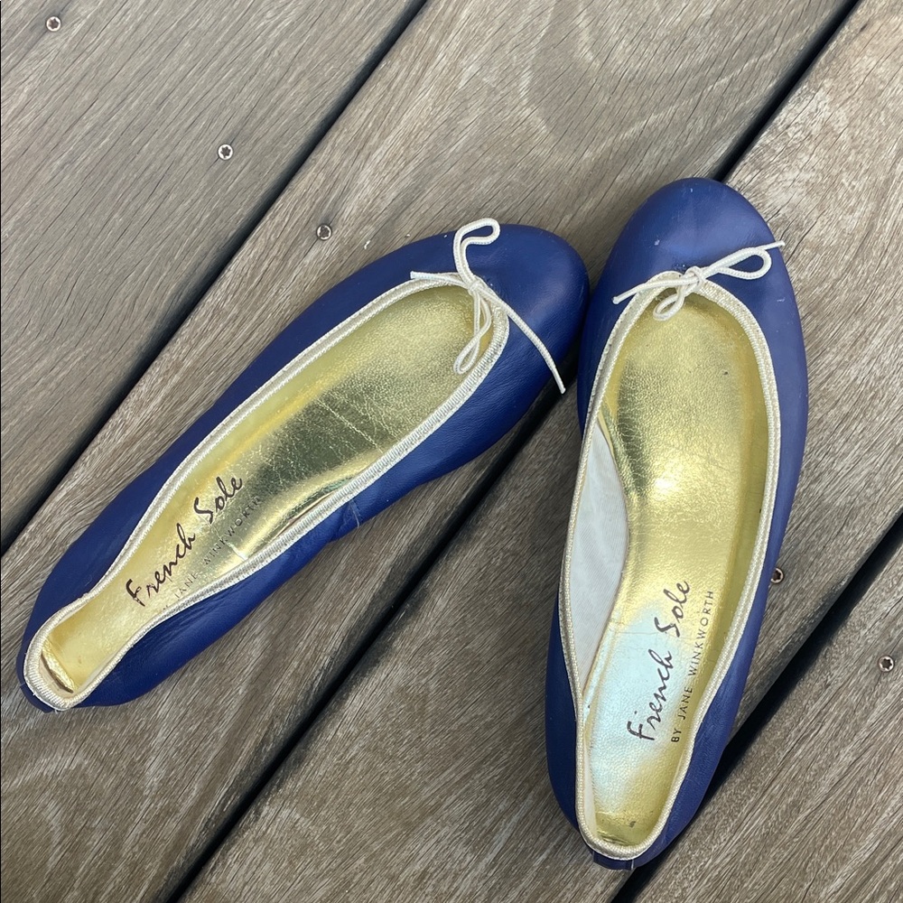 French Sole Blue Flats with Gold Interior